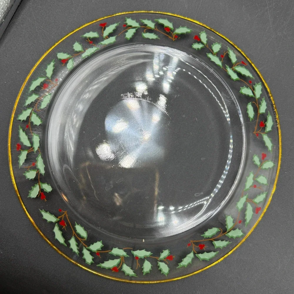 Vintage Lenox Holiday Salad Plates Set of 4 Clear Glass 8in Holly Berry Trad - Picture 6 of 6